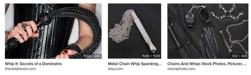 Chains and whips search results, showing a Dominatrix and kinky whips and chains
