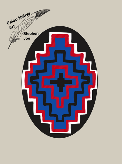 An Easter egg is painted with red, blue, black and white zigzag patterns in navajo culture.