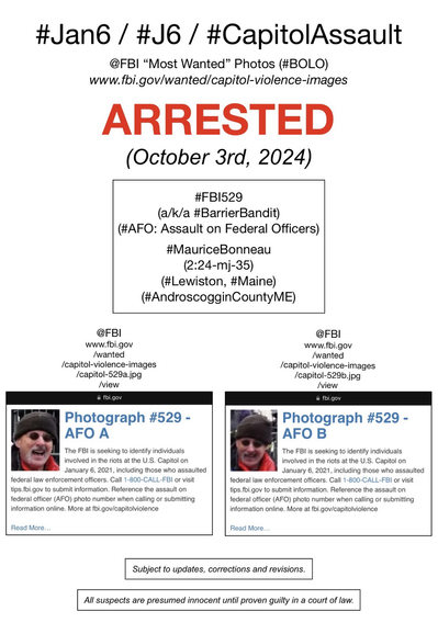 Photo of now-arrested January 6th riot suspect known to Sedition Hunters as “Barrier Bandit” (FBI Photo Number Five Hundred Twenty-Nine). Subject to updates, corrections, and revisions. All suspects are presumed innocent until proven guilty in a court of law.