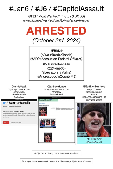 Photo of now-arrested January 6th riot suspect known to Sedition Hunters as “Barrier Bandit” (FBI Photo Number Five Hundred Twenty-Nine). Subject to updates, corrections, and revisions. All suspects are presumed innocent until proven guilty in a court of law.