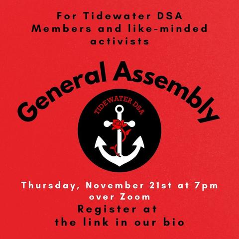 For Tidewater DSA Members and like-minded activists o NPV 6 ° LR Y )(

a Thursday, November 21st at 7pm over Zoom Register at the link in our bio