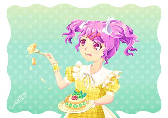 Digital art of pink haired little girl wearing yellow dress, take a slice of kiwi cake (kiwi dessert)