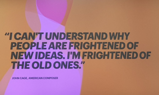 a quote by John Cage, American Composer, in bold black capitals “I can't understand why people are frightened of new ideas. I'm frightened of the old ones” on a pastel orange and violet background, as featured in a Barcamp Canterbury session by @smutchings on 29 Oct 2022.