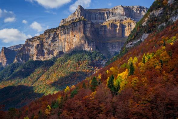 Autumn landscape in Ordesa Natural Park (Huesca, Spain). You can see some mountains of this natural place and the forest with autumn colors.