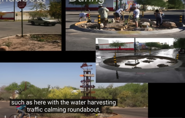 stills from the video, progress photos of a roundabout being built by community in the middle of an intersection of wide streets, becoming vegetated

https://youtu.be/I2xDZlpInik?t=923