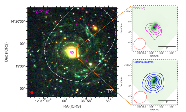 Galaxie Malin 1 et zoom sur la détection de gaz moléculaire.