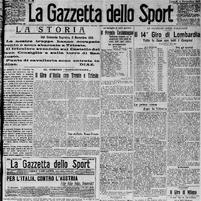 Prima pagina de La Gazzetta dello sport del 4 novembre 1918 l'indomani della firma dell'Armistizio dell'Austria-Ungheria.