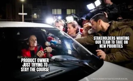 Woman trying to drive a car while being mobbed by media. The woman is labeled "Product owner just trying to stay the course". The media is labeled "Stakeholders wanting our team to take on new priorities"