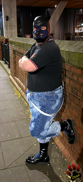 side view of a human pup, wearing skinhead gear (bleachers, polo shirt, blue-laced boots) standing in front of a wall, one foot against the wall, arms crossed, looking into the camera