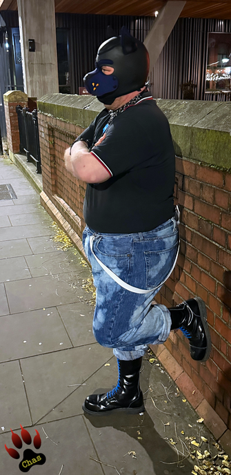 side view of a human pup, wearing skinhead gear (bleachers, polo shirt, blue-laced boots) standing in front of a wall, one foot against the wall, arms crossed