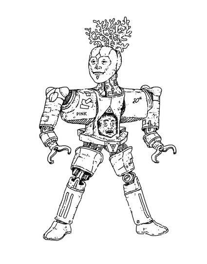 A very strange humanoid droid with coral on its head and a human head on its stomach.