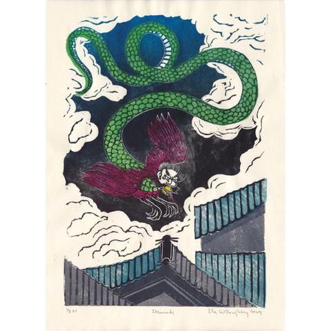 My linocut print Itsumade on 9” x 12” ivory washi paper shows the mythological creature with the face of a man complete with moustache, yellow bird beak, burgundy wings and legs with big claws and scaly green snake body swirling through the night sky between clouds and above the blue and grey roofs of a Japanese town.