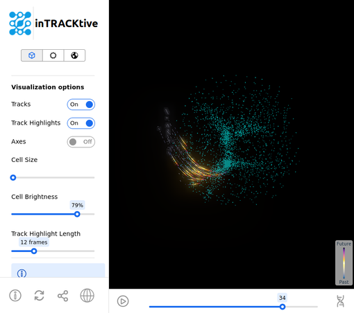 Screenshot of yt particle data loaded in inTRACKtive showing highlighted, swooping particle tracks within a simulated cosmological network.