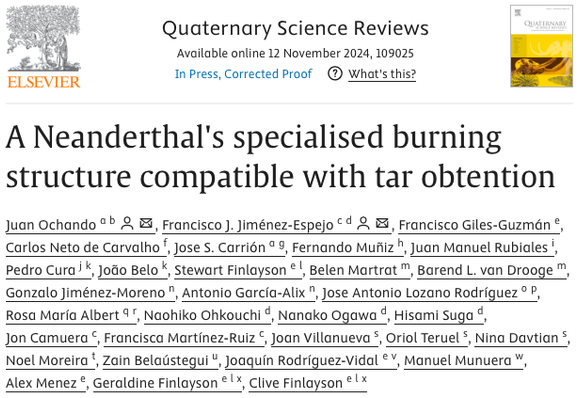 Header of the online article by Ochando et al. (in press) QSR (https://doi.org/10.1016/j.quascirev.2024.109025) entitled "A Neanderthal’s specialised burning structure compatible with tar obtention" and published as a gold open access paper in the Elsevier journal Quaternary Science Reviews. Screenshot taken by Nina Davtian (that's me!).