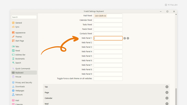 Keyboard Shortcuts Settings. Arrow pointing at a focused "Web Panel 1" entry.