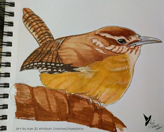 a traditional art piece of a carolina wren on a branch, facing the right, a brown bird with dark and light areas and a gray-ish beak, and it is very small and round