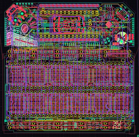Kicad screenshot of Jumperless V5's PCB showing all layers (no fills tho)
