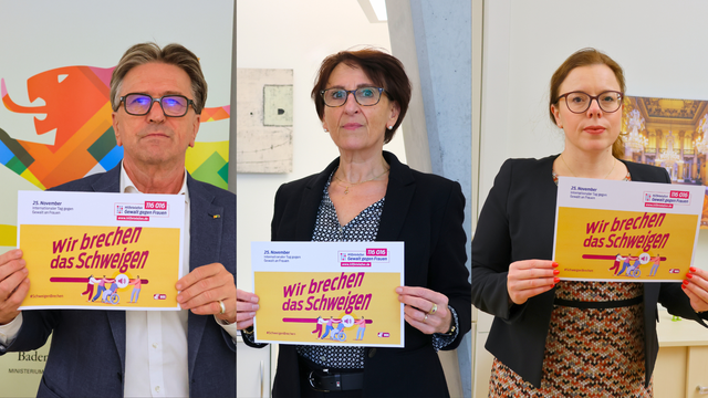 Eine Bildcollage. Zu sehen sind von links nach rechts Minister Manne Lucha, Staatssekretärin Dr. Ute Leidig und Ministerialdirektorin Leonie Dirks. Alle drei schauen ernst und halten jeweils ein Plakat in den Händen mit der Aufschrift "Wir brechen das Schweigen".