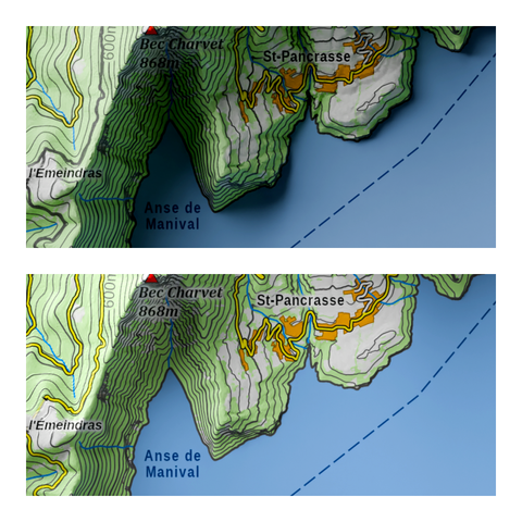 Détail d'une carte de la Chartreuse, avec un niveau de la mer simulé  1000 mètres au-dessus du niveau réel, avec 2 réglages différents des ombres.