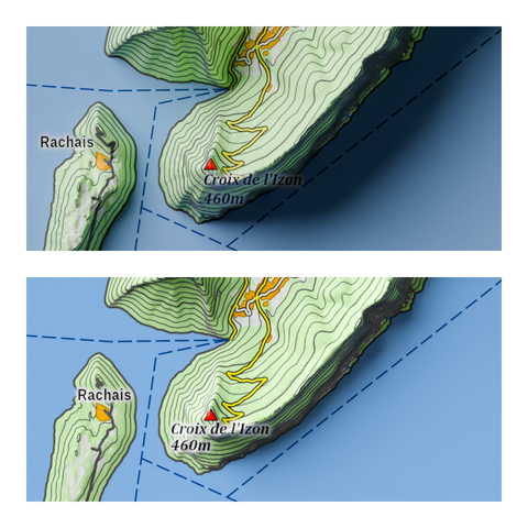 Détail d'une carte de la Chartreuse, avec un niveau de la mer simulé  1000 mètres au-dessus du niveau réel, avec 2 réglages différents des ombres.
