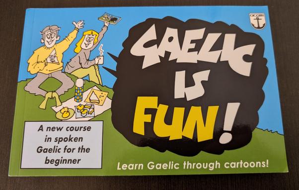 Photo of the book "Gaelic is fun", cartoon of two people having a picnic. The cover also says " Learn Gaelic through cartoons!" Ans "A new course in spoken Gaelic for the beginner"