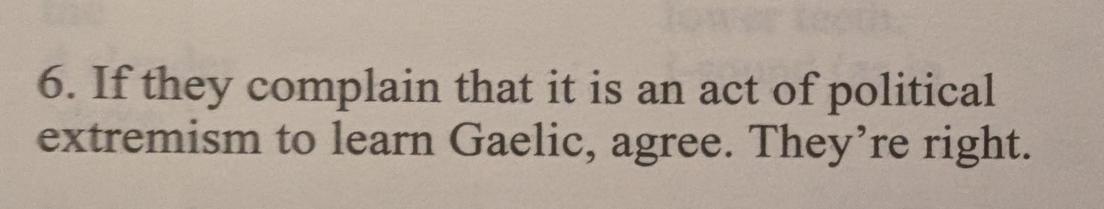 Photo from the book, it reads:
"If they complain that it is an act of political extremism to learn Gaelic, agree. They're right"