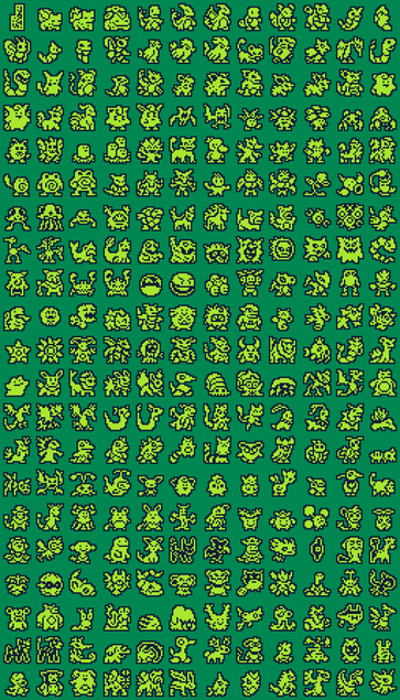 All 250+ Pokemon from Pokemon Gold/Silver, each sprite 16x16 pixels with only 1 bit per pixel. An outlining algorithm fakes the background.