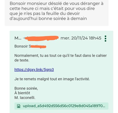 Conversation Pronote ou un élève indique qu'il lui manque une activité et où l'enseignant (moi-même) lui répond avec un lien et l'image en pièce jointe.