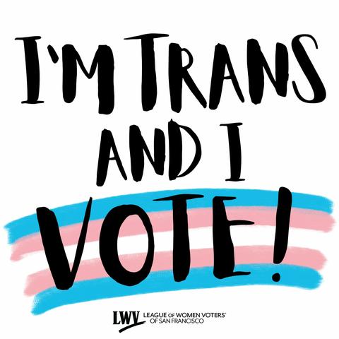 I'm trans and I vote, with the colors of the trans flag painted behind the word vote.