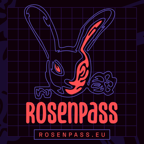 Version of the Rosenpass logo (a bunny holding a key) in the style of the 38th Chaos Communication Congress. It's in a vibrant red on a dark purple background and the lines are a bit wobbly like rippling water or an oil film.