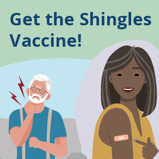 Graphic for the shingles vaccine. Shows a man with pain on his left side and a woman with a band-aid on her upper arm on the right.