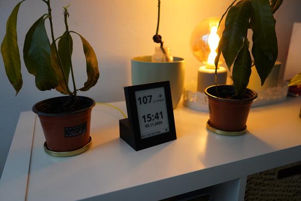 A black 3d-printed display holder for a waveshare e-ink Display. The Display shows a current timestamp and a blood glucose value fetched from nightscout. 
The display sits on a white shelf with plants on each side