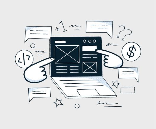 Illustration of fingers and callouts surrounding a laptop