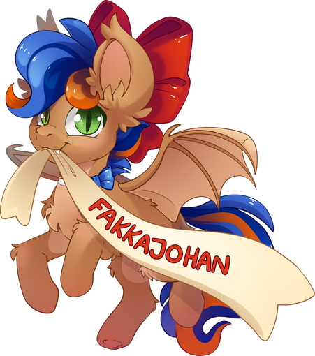 Brown bat pony with a blue and orange mane and a big red bow holding a banner saying FakkaJohan