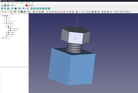 An assembly in FreeCAD of a block with a M10 thread and a M10 bolt.