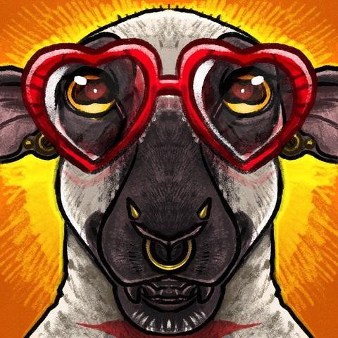 A sketchy/painterly portrait of a sheep with piercings and heart glasses. It is grinning with black canine esque teeth. Its expression suggests it is starstruck with hearts in its eyes and a halo spreads from behind its head.