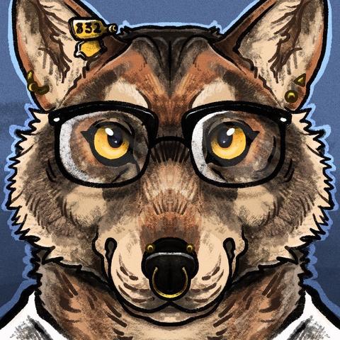 A pierced and spectacled red wolf looks at the camera. She has an ear tag in her right ear that reads “832” and is wearing a white button up.