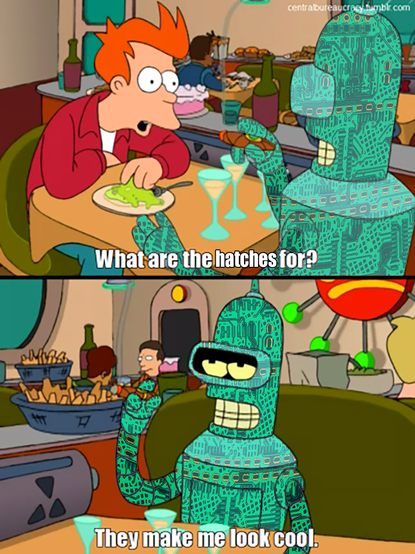 Fry asking Bender (with an overlaid PCB with ground hatches) what the hatches are for. And he responds "they make me look cool."