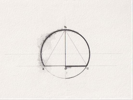 A rendering of proposition 29 from book III of the 1482 print-edition of Elements; done with mixed media.

A circle beset by amorphous water damage. Within it is a triangle & within it is a vertical line that stands perpendicular to the base of the triangle, dividing it & the portion of the circle wherein it resides into halves.