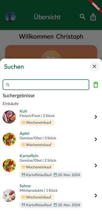 Screenshot einer Einkaufslisten App. Zu sehen ist ein Bottom-Sheet mit dem Titel „Suchen“. Darunter eine Suchleiste, darunter Resultate mit dem Titel „Einkäufe“. Die Einträge enthalten jeweils ein Bild, einen Titel, eine Kategorie und falls vorhanden eine Info zu einem Menü.