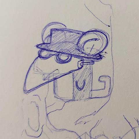 A sketch of a biped rat wearing a plague doctor mask and hat