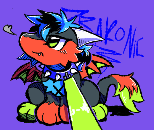 A chibi black dragon with neon highlights sits grumpily while wearing a spikey collar with a leash attached. The leash is being pulled on.