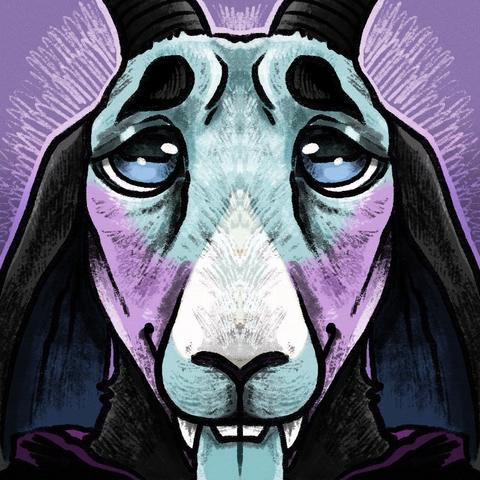 A pastel goat with sad eyes, floppy ears, and fangs stares at the user with a small smile.