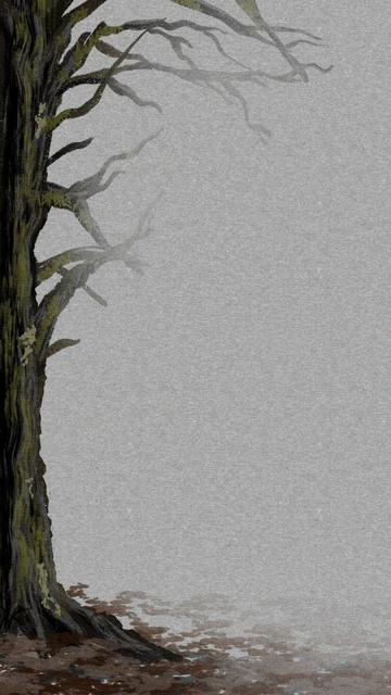 Illustrated phone wallpaper of a blighted, dead tree trunk without leaves, running upward along the left side of the image, branches fading to the right into a mist. A warm gray paper texture is behind everything.