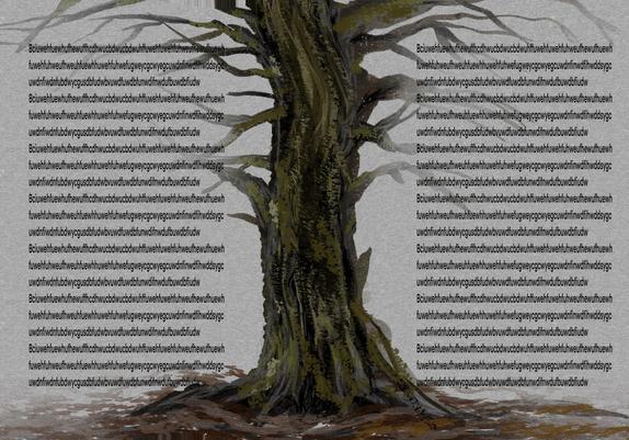 Illustrated image of a blighted tree, straddling the gutter of a double page spread of text, with made up text on each side of the page's illustration. Tree is predominantly green and brown rot, with a grey paper texture behind everything.