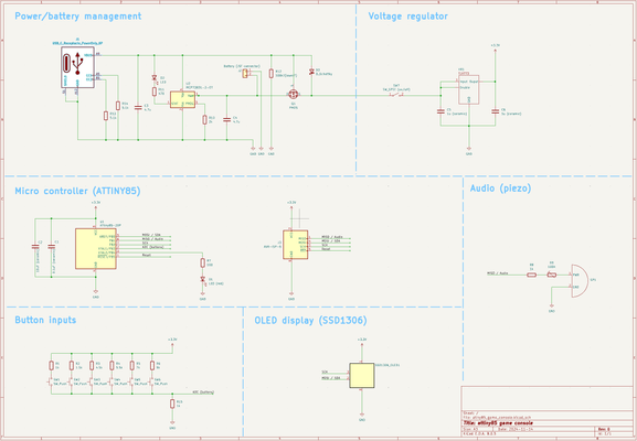 Electronics schematic of simple game console arranged in neat sub-components