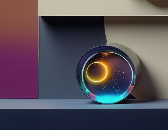 A heavy, glass-like cylinder containing an annular eclipse with ring of fire and backdrop of stars visible, sitting on an ordinary grey shelf with a minimalist background.