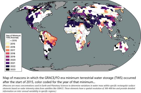 Map of mascons in which the GRACE/FO era minimum terrestrial water storage occurred after the start of 2015, color coded for the year of that minimum. The time series plotted in Fig. 2 is averaged over the South American region delineated in red