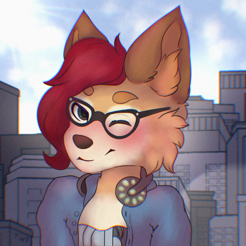 Drawing of the cyborg version of my fursona, named Undevo, a dingo with yellow and brown fur, long red hair, and dark green eyes.

They are wearing a pair of black glasses, and a blueish grey open shirt, with the upper part of their chest and the outer metal plaques covering their artificial lungs also visible under it. Additionally, they are also carrying a pair of dark grey arched headphones around their neck.

They are looking at the viewer with a relaxed and reassuring smile, while winking at them with their left eye.

The background shows a contemporary city, with many tall buildings, and a light blue cloudy sky behind them.