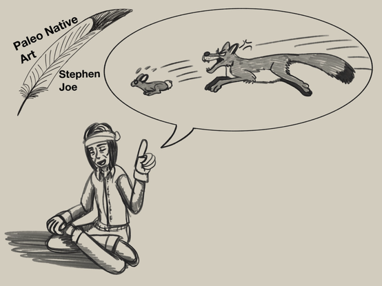 An adult navajo man is telling a story of a coyote and a rabbit in the chase sense in their traditional nature.